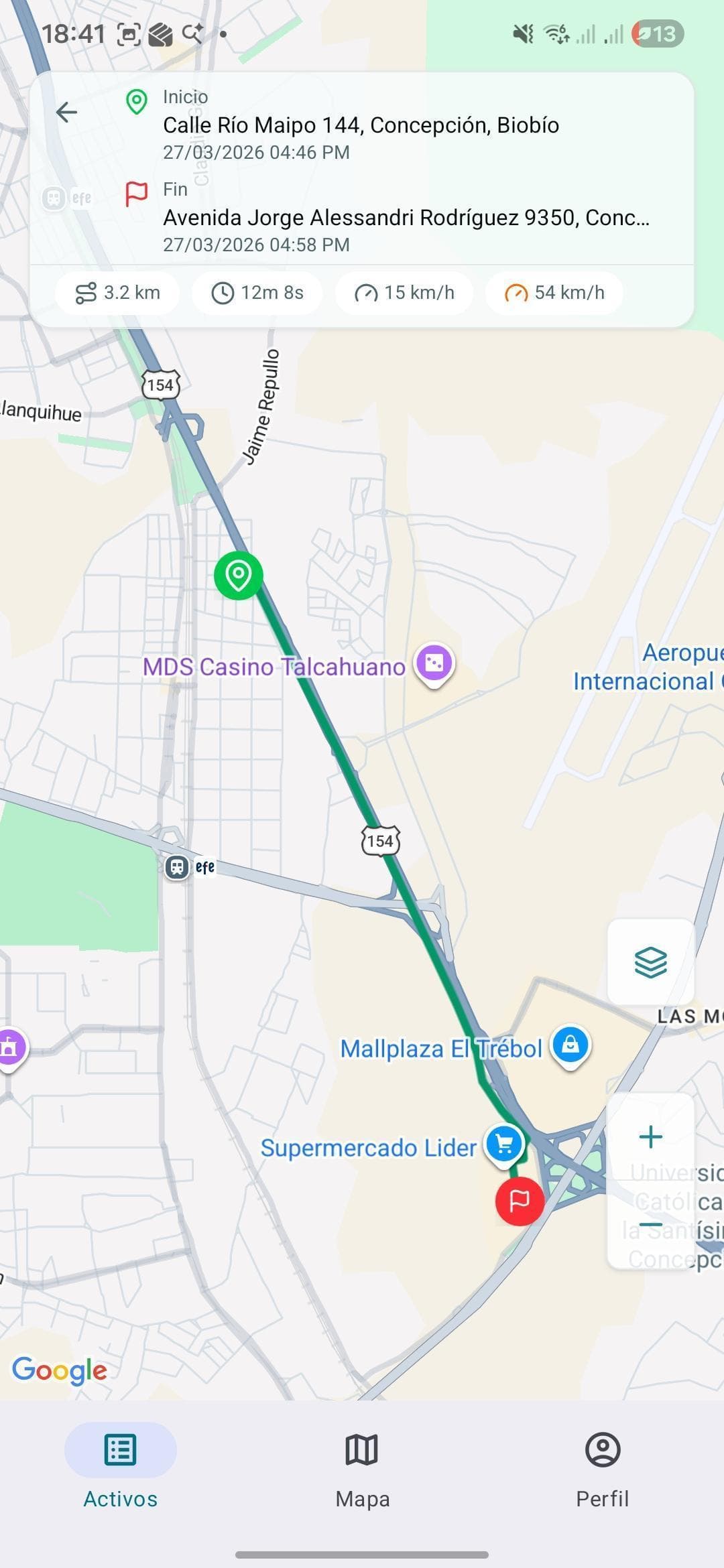 Pantalla de Atlas Mobile con mapa y recorrido de un activo