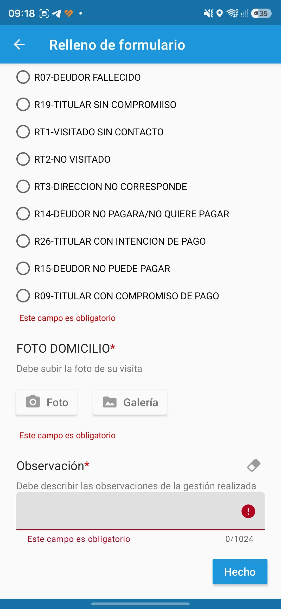 Formulario móvil con opciones codificadas y validación de campos obligatorios
